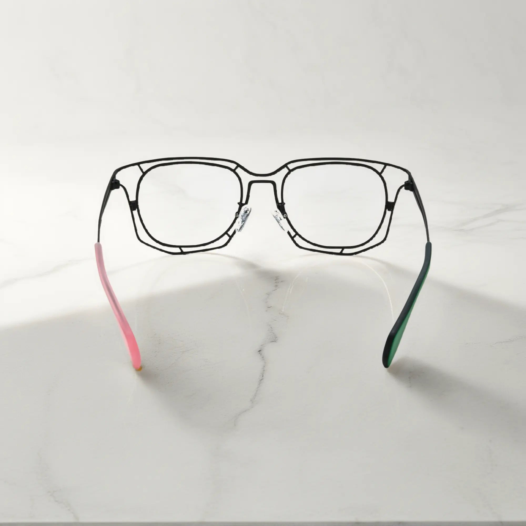 Rear view of Mint Pink Fusion frame with silicone nose pads and temple contrast